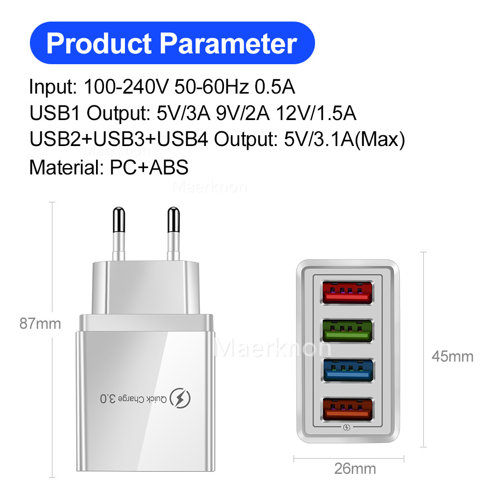 Travel Accessories Inc - 4개의 USB 고속 충전 헤드 EU/US